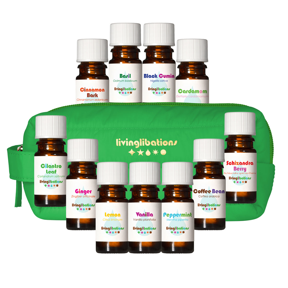 Living Libations Culinary Alchemy Kit Vanilla Essential Oil
Coffee Bean Peppermint Cinnamon Bark Black Cumin
Ginger Cilantro Leaf Lemon Schizandra Berry Basil Cardamom